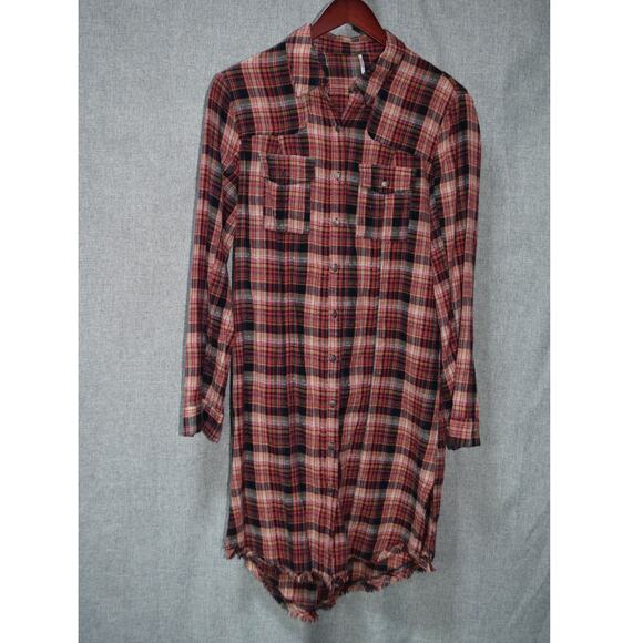 Free People Plaid Button Front Flannel Shirt Dress Size Small - Picture 1 of 3